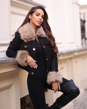 Kurtka ramoneska miękka skóra z futrem czarna Olly