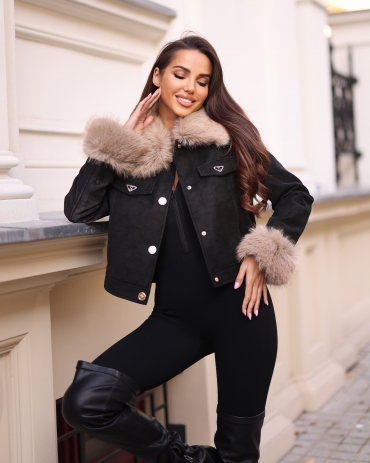 Kurtka ramoneska miękka skóra z futrem czarna Olly