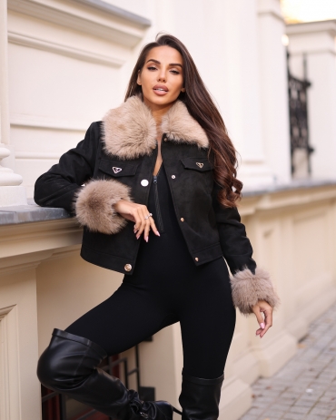 Kurtka ramoneska miękka skóra z futrem czarna Olly