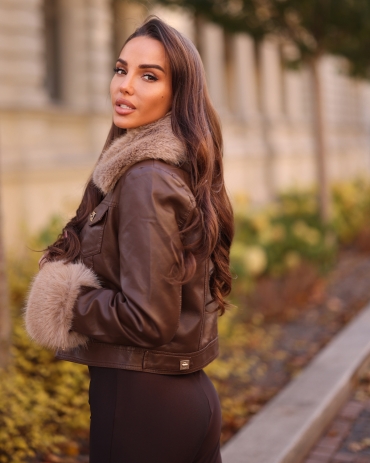Kurtka ramoneska skórzana z futrem czekolada Valentin