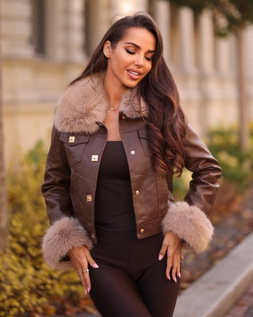 Kurtka ramoneska skórzana z futrem czekolada Valentin