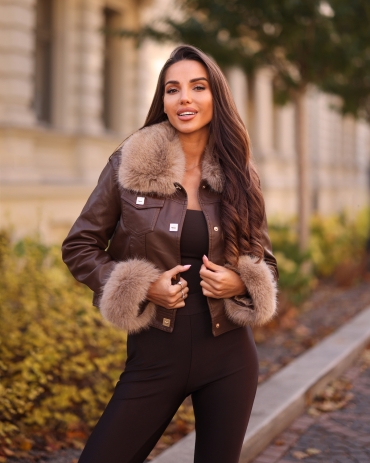 Kurtka ramoneska skórzana z futrem czekolada Valentin