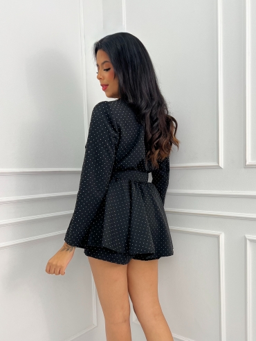 Kombinezon mini rozkloszowany z paskiem czarny z cyrkoniami Marianna