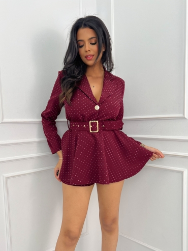 Kombinezon mini rozkloszowany z paskiem burgund z cyrkoniami Marianna