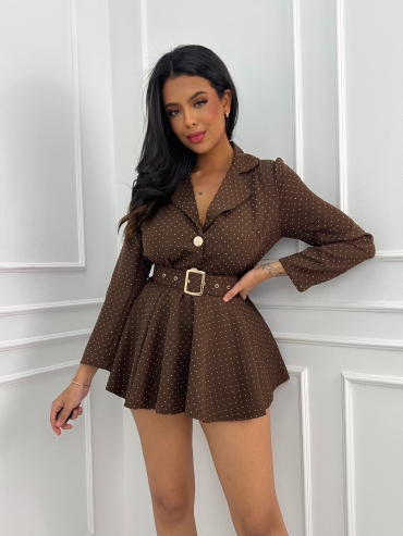 Kombinezon mini rozkloszowany z paskiem brąz z cyrkoniami Marianna