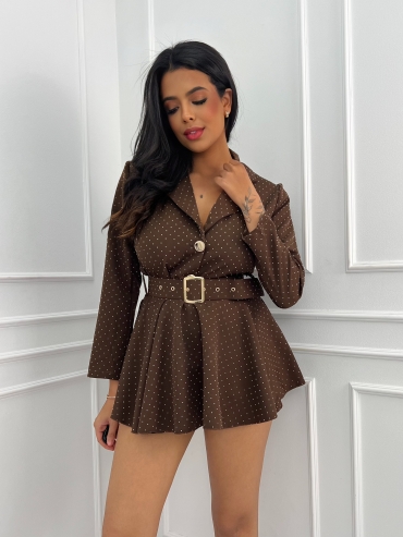 Kombinezon mini rozkloszowany z paskiem brąz z cyrkoniami Marianna