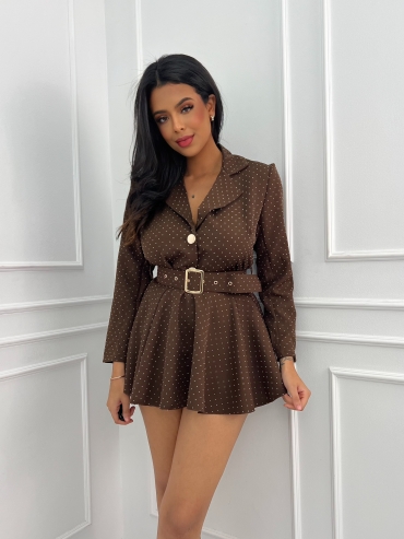 Kombinezon mini rozkloszowany z paskiem brąz z cyrkoniami Marianna