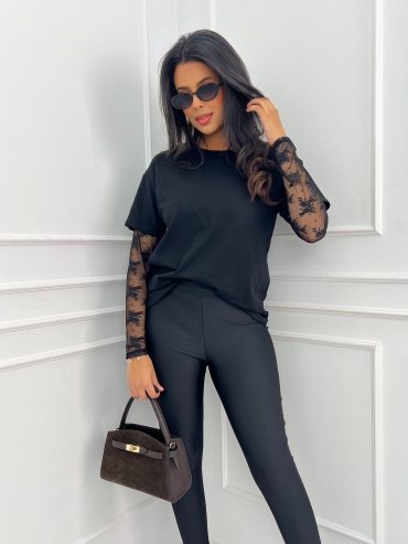 T-shirt bawełniany z koronkowym rękawem