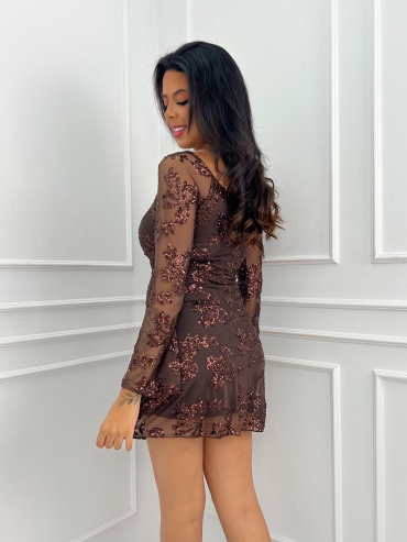 Sukienka mini z siatki z cekinami czekolada Lace