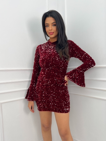 Sukienka welurowa z cekinami i rozkloszowanym rękawem bordowa Harriet
