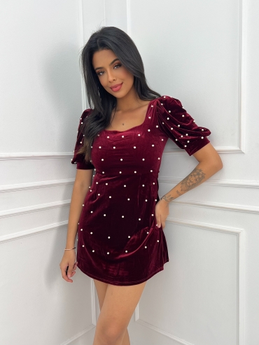 Sukienka welurowa z perełkami burgund Racquell