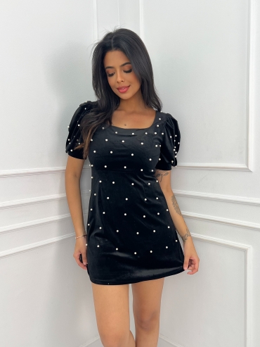 Sukienka welurowa z perełkami czarna Racquell