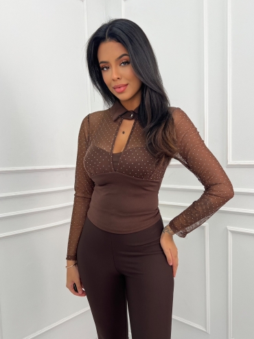Bluzka z siatki z cyrkoniami i kołnierzem czekolada Olvia
