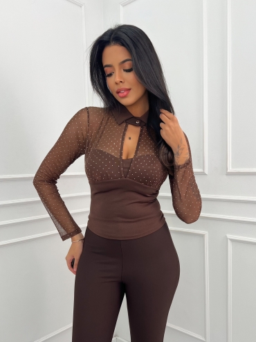 Bluzka z siatki z cyrkoniami i kołnierzem czekolada Olvia