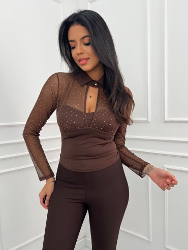 Bluzka z siatki z cyrkoniami i kołnierzem czekolada Olvia