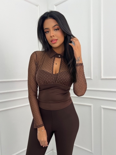 Bluzka z siatki z cyrkoniami i kołnierzem czekolada Olvia