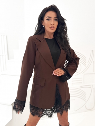Marynarka z koronką i broszką czekolada Valencia