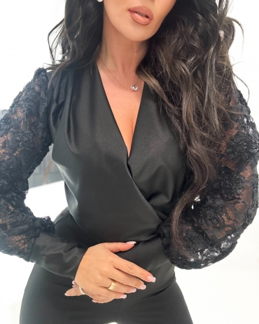 Body z ozdobnym rękawem czarne Milla