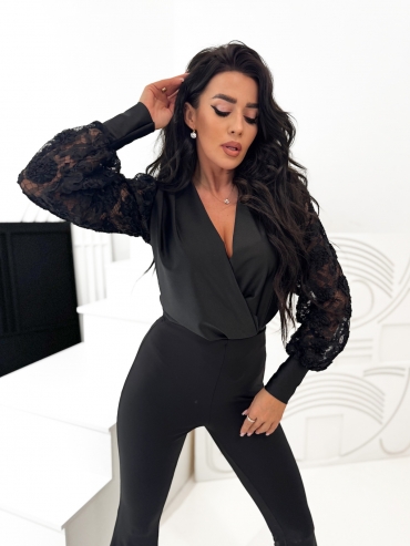 Body z ozdobnym rękawem czarne Milla