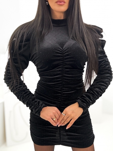 Marszczona sukienka welurowa z czarnymi cyrkoniami czarna Jules