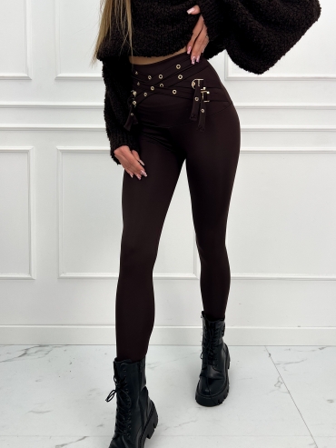 Legginsy wysoki stan z ozdobnymi paskami czekolada Gio