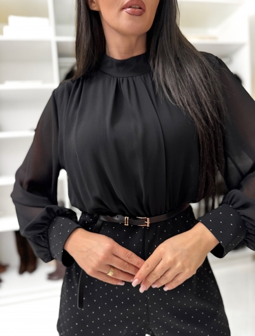 Kombinezon mini czarny brokatowe kropki z paskiem