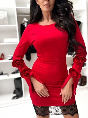 Sukienka mini z koronka i różami czerwona Brie