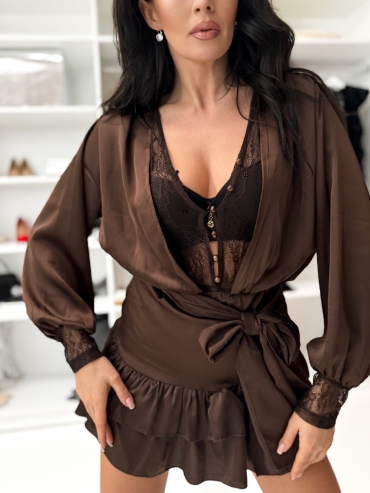 Kombinezon satynowy z koronką czekolada Oksana
