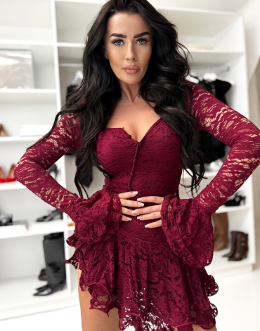 Kombinezon koronkowy z falbanami bordo Eva