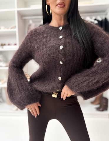 Sweterek moherowy na guzki rękaw dzwonek czekolada