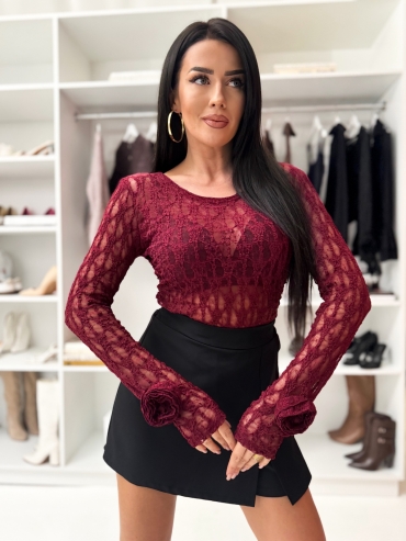 Bluzka koronkowa róża na nadgarstku bordo