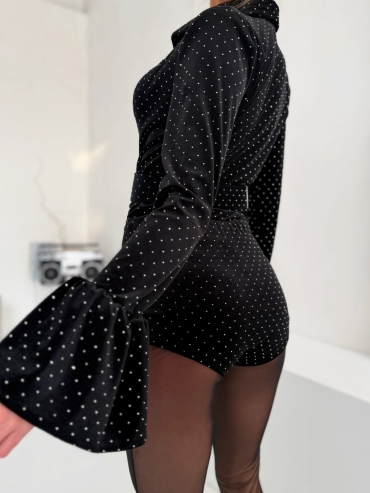 Body/mini kombinezon welurowy z cyrkoniami czarny Holly