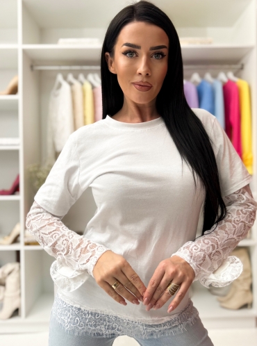 T-shirt  z koronkowym rękawem i różą biały Jacob